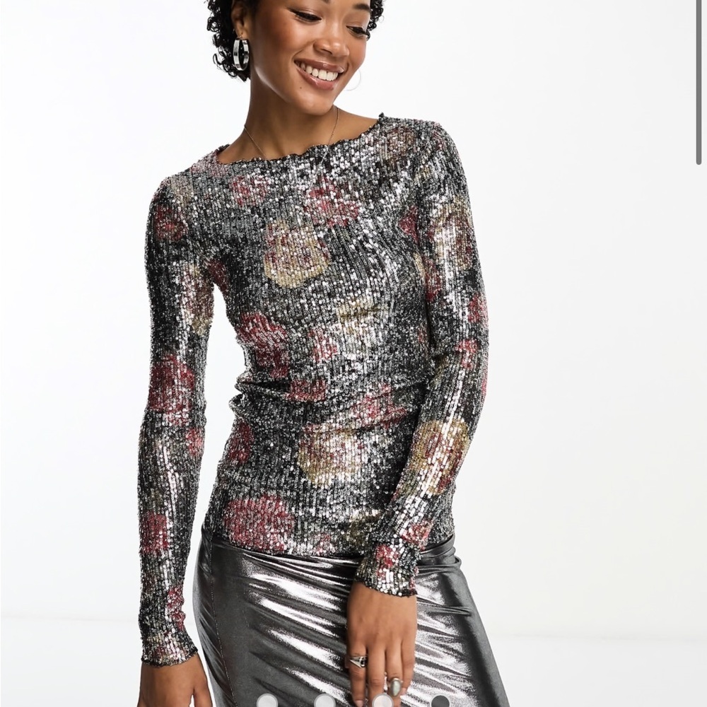 Free People Long Sleeve Floral Sequin Top Silver